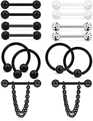 LAURITAMI 14stk Brustwarzenpiercing Nippelpiercing Chirurgenstahl 16mm Nippel Ringe Barbell Piercing Silber Schwarz