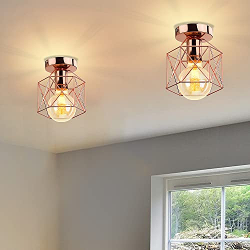 iDEGU Lot de 2 Plafonnier Industrielle en Métal Cage Carré, 15CM Lustre Abat-jour Fer Luminaire E27 40W Lampe de Plafond pour Salon Chambre Bar, Or Rose (Hexagone)
