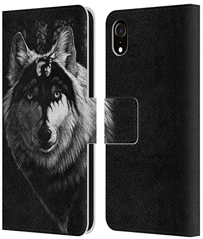Head Case Designs Offizielle Stanley Morrison Grauer Wolf mit Drachenmarkierung Schwarz und weiß Leder Brieftaschen Handyhülle Hülle Huelle kompatibel mit Apple iPhone XR