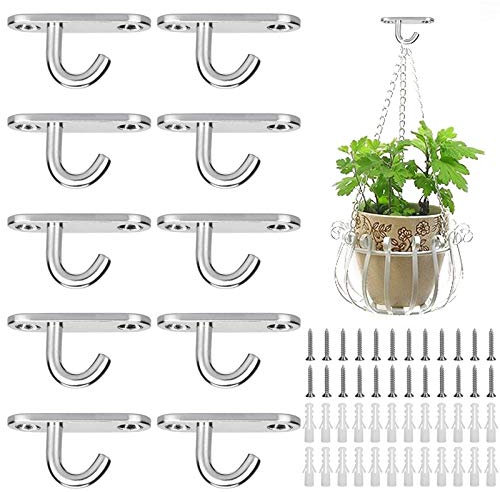 VEGCOO 10 Pack Ceiling Hooks 304 Stainless Steel Heavy Duty Oval Open Hooks Pad Eye Plate Anchor Screw Wall Mount Hook for Lamp Plant Basket Ceiling Fan