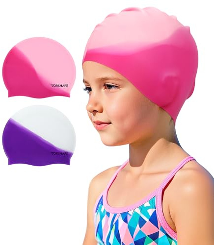Vorshape Swim Cap Kids (2 Pack), Durable Waterproof Swimming Cap for Girls Boys Teens Toddler Aged 3-8, Comfortable Fit Kid Swim Cap for Long Hair, Silicone Swim Caps for Kids, Bright Purple & Pink