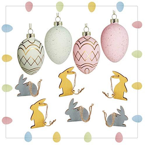 PF P a F e 11-teiliges Oster-Deko Premium Qualität Geschenkset - zum Aufhängen - 4 Glas Ostereier - 6 Holz Hasen - 1 Osterei Girlande 100cm - Osterdekoration
