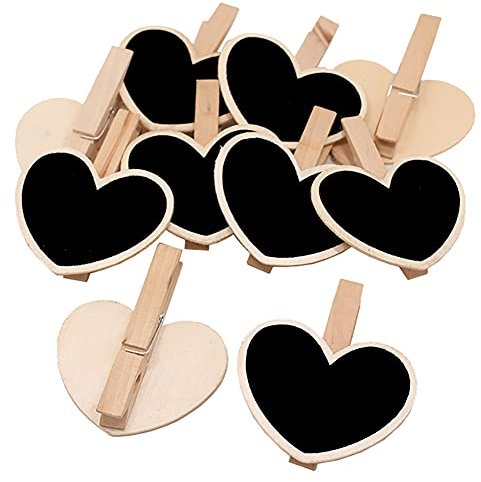 Egurs 20 Stück Kleine Kreidetafel Mini Holz Tafel Memotafel Herz/Quadratische Form mit Clips Holztafel Klammer für Hochzeit Party Tischdeko Herz