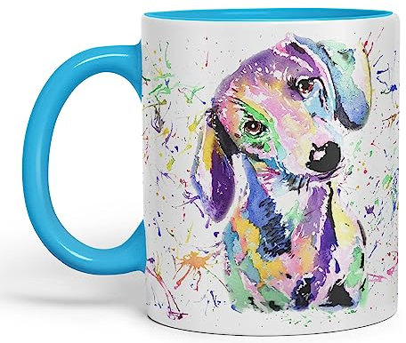 Vixar Dachshund Dog Sausage Wiener Badger Pet Watercolour Rainbow Art Coloured Mug Cup Gift Birthday Work Office Christmas Tea Coffee (L Blue)