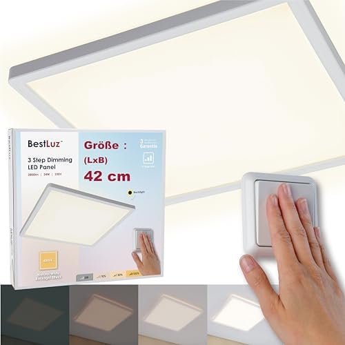BestLuz LED Deckenleuchte Flach Eckig 42cm 24W 2800LM Dreistufige Dimmung LED Panel Deckenlampe Neutralweiß 4000K mit Backlight-Effekt für Badezimmer Schlafzimmer Wohnzimmer Küche, Ultra Dünn
