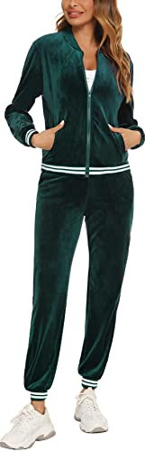 Survêtement Ensemble Velours Femme à Capuche Zippés Sportswear en Velours Sweat à Manche Longue Pantalon pour Jogging Tennis Gym Yoga Vêtements de Fitness Vert B XL