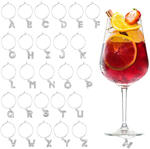 Junkin 26 Pcs Letters Wine Charms for Stem Glasses Wine Glass Charms Markers Tags Metal Letters Glass Charms with 26 Rings for Bachelorette Cocktail Champagne Family Gathering Party Favor Decoration