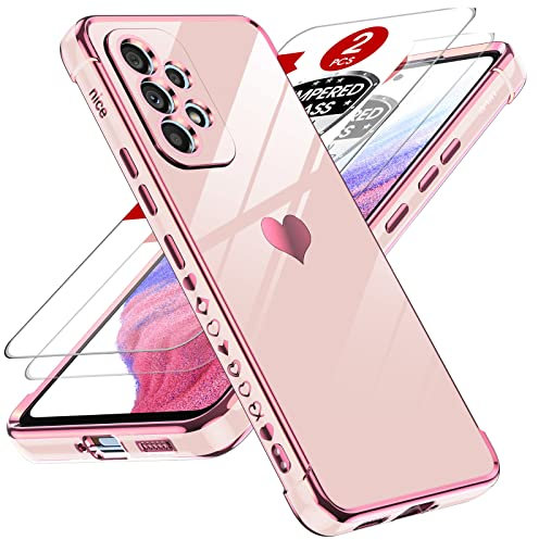 LeYi Funda para Samsung Galaxy A53 5G, Silicona Carcasa con 2pcs Cristal Templado, Corazón Amor Mujer Estuche Protector Galvanizado Suave TPU Bumper Resistente Antigolpes Móvil Case, Rosa