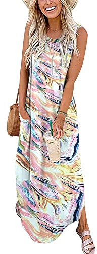 AUSELILY Sommerkleider Damen Lang Maxikleider Boho Strandkleider Lange Sommer Leicht mit Taschen Bunte Linien S