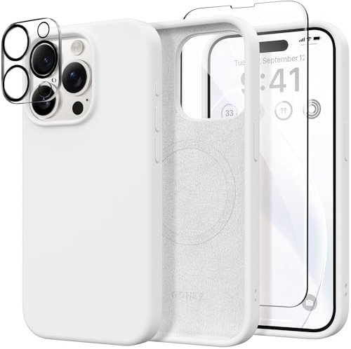 GONEZ for iPhone 15 Pro Case Compatible with Magsafe, [Screen Protector + Camera Lens Protector], Soft Silicone Shockproof Anti-Scratch Full Body Protective Phone Case 6.1 2023, White