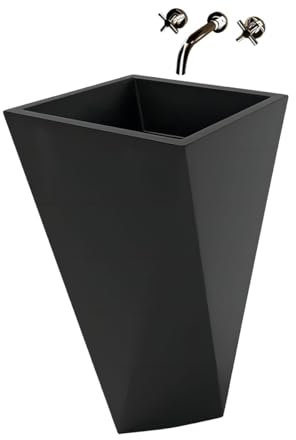 EGO INTERIORS Premium Line | 47x47x83cm Keramik Standwaschbecken ohne Hahnloch, Überlauf oder Ventil | mattes Schwarz | rechteckiger Standwaschtisch | antibakteriell und pflegeleicht