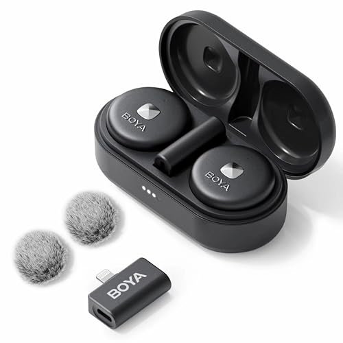 BOYA Omic-D Kabelloses Mikrofon für iPhone, MFi-Zertifiziert, Geräuschunterdrückung, magnetischer Clip, Ansteckmikrofon mit kabelloser Ladehülle und 50 m Übertragung für iPhone, iPad, Schwarz