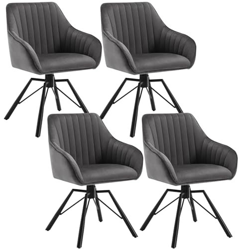 WOLTU Esszimmerstühle drehbar 4er Set, Samt Stuhl Esszimmer, Sessel Wohnzimmer, Drehstuhl, Küchenstuhl, Polsterstuhl mit Armlehnen, Loungesessel ergonomisch, Dunkelgrau, EZS12dgr-4