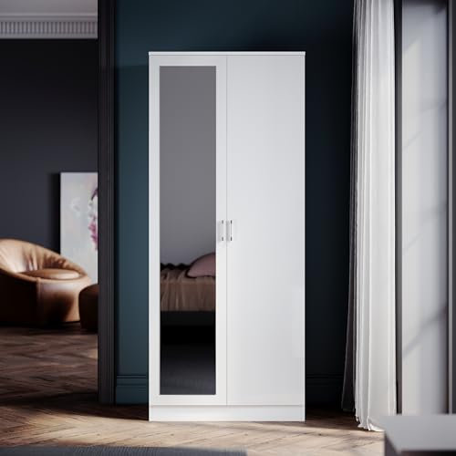 SONNI Armadio Camera da Letto a due ante, Armadio con specchio, Armadio Salvaspazio Bianco Multifunzionale ad Ante Battenti, Adatto per Camera da Letto, Guardaroba, Lavanderia, 76x47x180cm