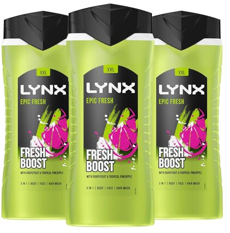 Lynx 3-in-1 Shower Gel Epic Fresh 12 Hours of Long Lasting Refreshing Fragrance Body Wash with Plant-Based Moisturisers for Men for Naturally Soft Skin 500ml, 3 Pack