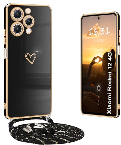 Yutwo Handykette für Xiaomi Redmi 12 Hülle mit Band, Handyhülle für Redmi 12 Band Kette Ständer Stoßfeste Schutzhülle, Schwarz