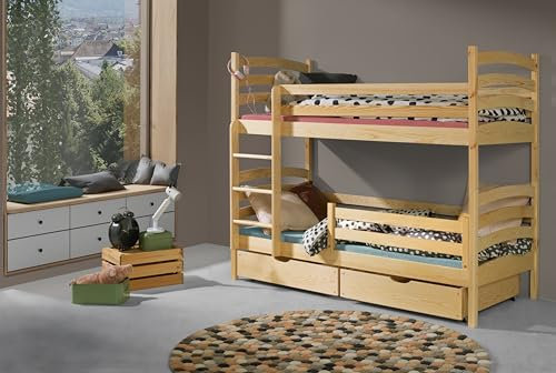 KEF IGA Etagenbett Kinder 80x180 cm - Holz Kinderbett - für Zwei Kinder - Holzbett mit Schubladen - Massivholz Kinder Bett mit Lattenrost - Kiefer - ohne Matratze - Leiter Universal