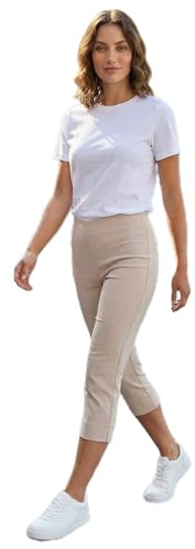 Roman Cropped Trousers for Women UK Ladies Capri Leggings Summer Pants Short Crop Stretch 3/4 Length Three Quarter Pedal Pusher Clothes Elasticated Bengaline Cut Off - Petite Stone - Size 10