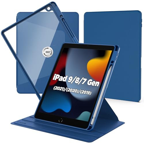 CACOE Coque Compatible avec iPad 9ème/8ème/7ème Génération, Modèle 2021/2020/2019 iPad 10.2, Rotation à 360 Degrés Étui de Protection avec Dos Transparent et Bordure Antichoc en TPU, Bleu Marine