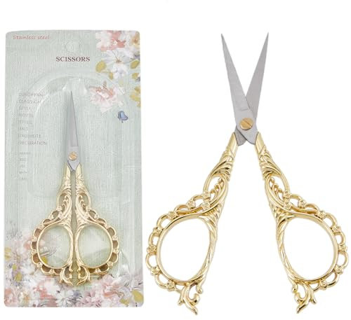 SUNNYCLUE 1 Stück Vintage Nähschere Stickschere Scharf Goldfarben Antik Europäischer Stil Edelstahl Kleine Bastelschere Für Stoff Faden Handarbeiten Schneiden Bastelbedarf DIY Werkzeug Schere