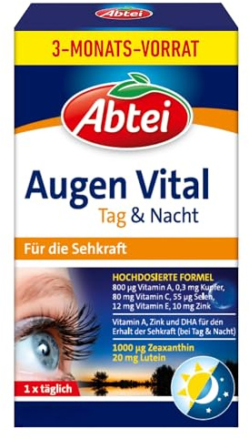 Abtei Augen Vital Tag und Nacht – Zum Erhalt der Sehkraft – Hochdosiert, Glutenfrei, Laktosefrei – Vorratspackung – 90 Kapseln für 3 Monate