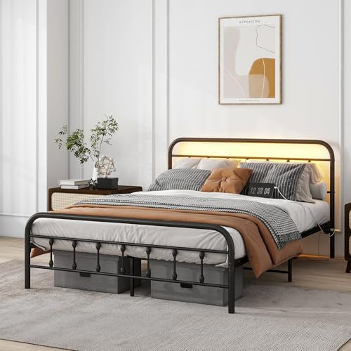 Maliacife Queen-Size-Bettgestell mit Ladestation, Metall-Plattformbett mit LED-Kopfteil, Stauraum unter dem Bett, Stahllattenmatratzenfundament, kein Boxspringbett erforderlich, geräuschfrei, Schwarz