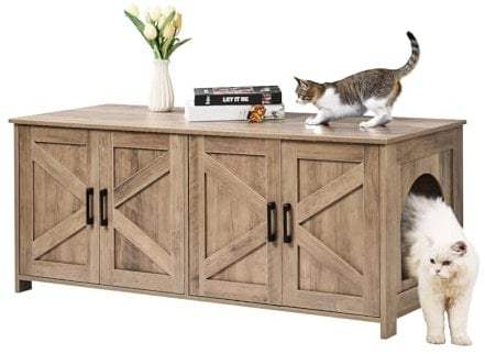 VEVOR Meuble Cache Bac à Litière pour 2 Chats, Maison de Toilette pour Chat avec Chambres Doubles, Armoire en Bois pour Cacher la Plupart des Bacs à Litière pour Chats, 1,19 x 0,46 x 0,5 m, Grège