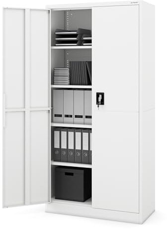 Jan Nowak Metallschrank Jan Smart Aktenschrank Büroschrank Aufbewahrungsschrank Bis zu 50 Ordner 4 Verstellbare Regalböden Dreipunkt-Schloss Aufbewahrung Von Dokumenten 185 x 90 x 40 cm Weiß