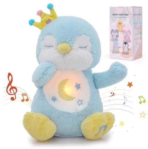 Edencomer Peluche Qui Respire, Peluche Bruit Blanc Bebe Veilleuse Bébé Musicale Et Lumineuse, Doudou Qui Respire Peluche Sensorielle Bebe, Cadeau Naissance Fille Et Garçon Nouveau-Né (Pingouin Bleu)