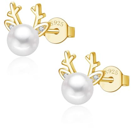 Glintara Silber Weihnachten Ohrringe Damen, 925 Sterling Silber Elch Perle Ohrstecker, Schlafen Hypoallergen Ohrringe Stecker, Weihnachts Geschenke für Mutter Tochter