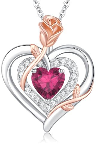 LAVUMO Collier Femme argent Sterling 925 Pendentif Coeur Rose Fleur Pierre Naissance Bijoux Cadeau Anniversaire Femme Copine Maman Cadeau Noël Saint Valentin Fête des Mères (Argent-07-Juillet)
