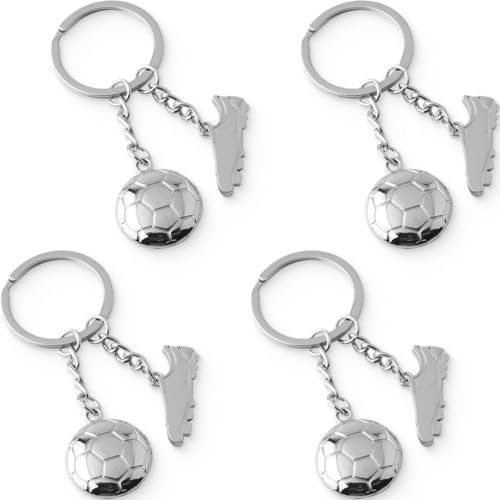 PNPGDYK 4 Pièces Argenté Porte Clé Ballon de Foot Mini Porte Clef Football Métal Porte-Clés de Football Personnalisé pour Supporters, Sportifs, Joueurs, Les Amateurs de Football