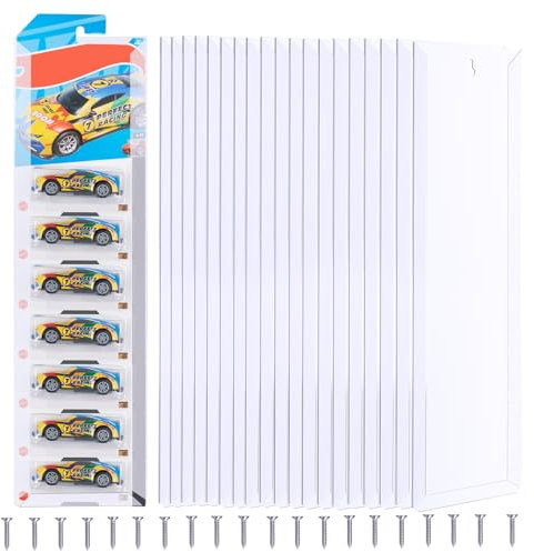20 Sets Modellauto Vitrine zur Wandmontage Aufbewahrungsregal aus Plastik Spielzeugauto Organizer aus Druckguss mit Blisterverpackung Wandregal Hängeregal 42,5x11,2 cm