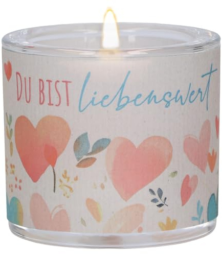 Du bist liebenswert: LichtMoment | Mundgeblasenes Glas mit Pergamentumleger und Spruch, inklusive Geschenkbox, ideales Teelicht-Geschenk für Freunde & Familie
