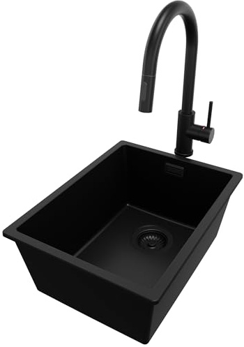 PRIMAGRAN Granitspüle ab 40er Unterschrank + Küchenarmatur, 36x47cm | Set: Küchenarmatur BW9010 + Ablauf-Set (Siphon, Ablaufgarnitur, Überlauf) + Spülbecken 1 Becken - London Slim, Alles Schwarz