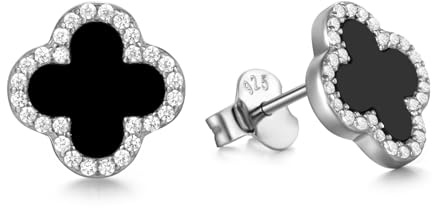 Evensee Große Schwarze Kleeblatt Ohrstecker 925 Sterlingsilber,Übergroßes Vierblättriges Kleeblatt mit Onyx und Rhodium,Hypoallergene Ohrringe für Empfindliche Ohren,Geschenk zum Jubiläum & Hochzeit