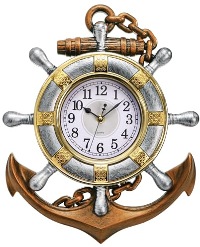 Hacaroa Anchor Wall Clock 12x15, Plastic Nautical Clock Silent Non-Ticking Movement, Decorative Ship Wheel Clocks for Nautical Theme Kitchen, Bathroom, Beachfront Home Decor, Retro Style