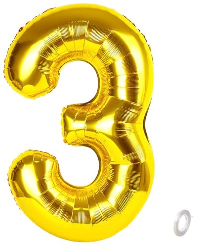 Balorise 40 Pouces Aluminium Ballon Géant Or Chiffre 3, Gonflable Hélium, Grand Numéro 0-9, 10-100 (101cm), Décoration de Doré Foil Ballons pour Fête d'anniversaire et Mariage