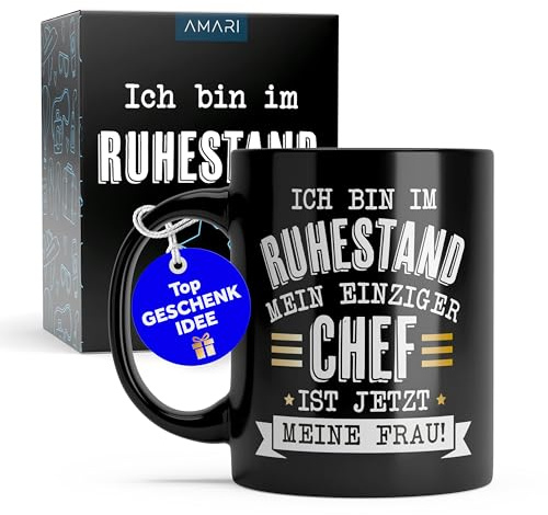 Amari ® Ruhestandstasse – Original Kaffeebecher „Bin im Ruhestand“ – Abschiedsgeschenk für Kollegen – Premium Keramik 320 ml – Spülmaschinen- & mikrowellenfest – im Geschenkkarton