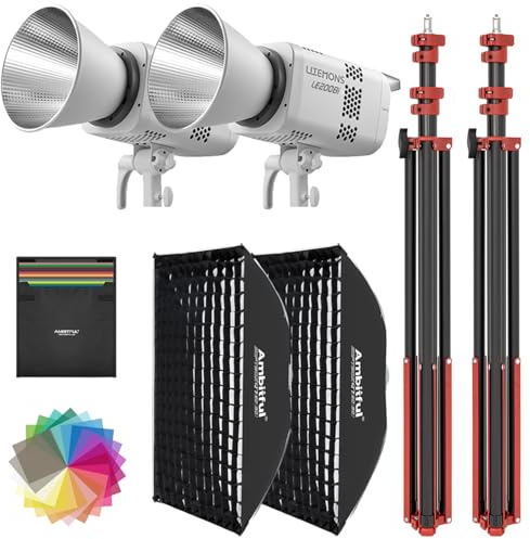 GODOX LE200Bi 220 W zweifarbiges COB-LED-Video-Licht-Set mit 90×60cm Schnellverschluss-Softbox, 280 cm Ständer, 2800 K-6500 K, CRI 98+, Bluetooth/DMX-Steuerung für Studio, YouTube-Filme, Weiß, 2 Stück