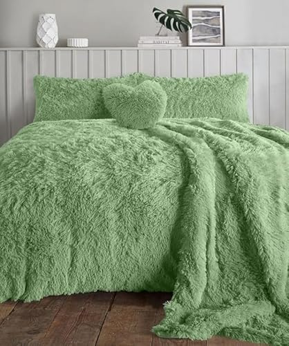 L S U Teddy Bear Hug & Snug Shaggy Duvet Cover Set Warm Fleece Christmas Bedding Set (SAGE Double)