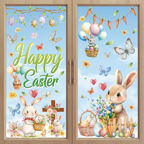 Afritee Fensterbilder Ostern Selbstklebend Deko, 9 Blätter Osterdeko Fenster Osterfenster Bilder Frühling Osterfensterbilder, Ostereier Hasen Blumen Fensterbilder Für Kinderzimmer