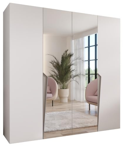 MEBLE KRYSPOL - Kleiderschrank - Garderobenschrank - 200 cm x 202 x 52 cm - Schrank mit Kleiderstange und Spiegel, 4 Türen - für Schlafzimmer, Flur - Piano, Weiß, Griff Kaschmir