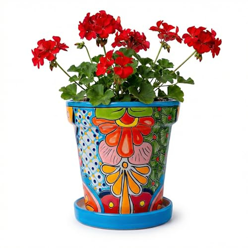 Talavera Pflanzgefäß - Mexikanischer Keramiktopf mit Drainage (Türkis-Groß) | Handbemalt von Kunsthandwerkern. Glasierte Oberfläche Untertasse inklusive Ideal für Pflanzen und Kräuter.
