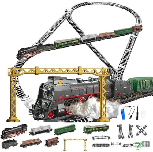 Générique Set de Train télécommandé, modèle de Circuit de Train électrique avec Wagon et Long Circuit, Moteur de Locomotive à Vapeur en Alliage, Cadeau de Train pour Adultes,62904b