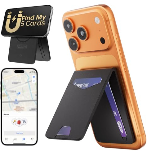 Für MagSafe Wallet mit vollständiger Wo ist?-Funktion, 5-Kartenhalter Magnetischer mit Tracker, Wireless Charging, Verstellbarer Ständer, Magnetisches Wallet für iPhone 17e/17/16/15/14/13/12 Serie