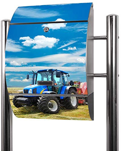 banjado® Standbriefkasten Edelstahl mit Zeitungsfach Motiv Traktor / Briefkasten mit Standfuß / Edelstahl Briefkasten freistehend - A4 Einwurf inkl. 2 Schlüssel