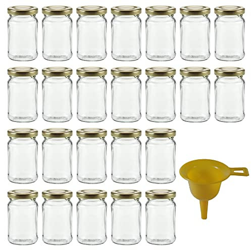 24 kleine runde Einmachgläser 107ml mit Deckel inkl. 1 Einfülltrichter Marmeladengläser Vorratsdosen Gewürzgläser