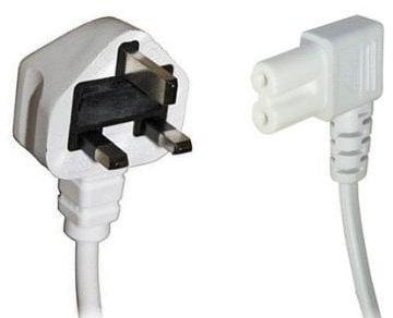electrosmart White 1m Mains Power Cable/Lead - 3 Pin Moulded UK Plug to Right Angled IEC C7 Figure 8