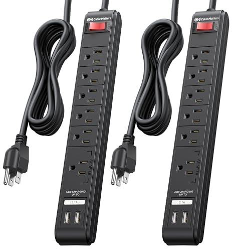 [ETL Listed] Cable Matters 2-Pack 6-Outlet Surge Protector Power Strip with USB Ports - 8ft, Long Extension Cord, Surge Protector with USB Ports, Black